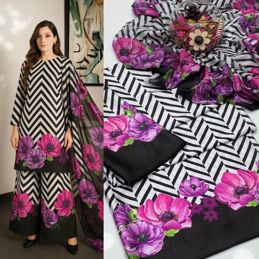 LULUSAR Digital Printed Fancy 3 Piece Shamooz Silk Suit Online Pakistan