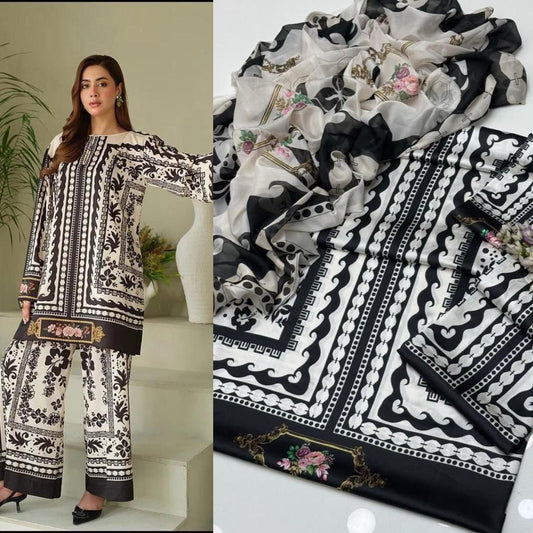 LULUSAR Digital Printed Fancy 3 Piece Shamooz Silk Suit Online Pakistan