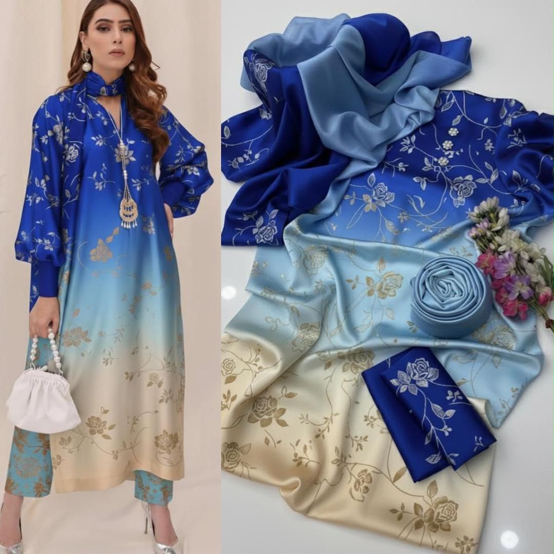 LULUSAR Digital Printed Fancy 3 Piece Shamooz Silk Suit Online Pakistan
