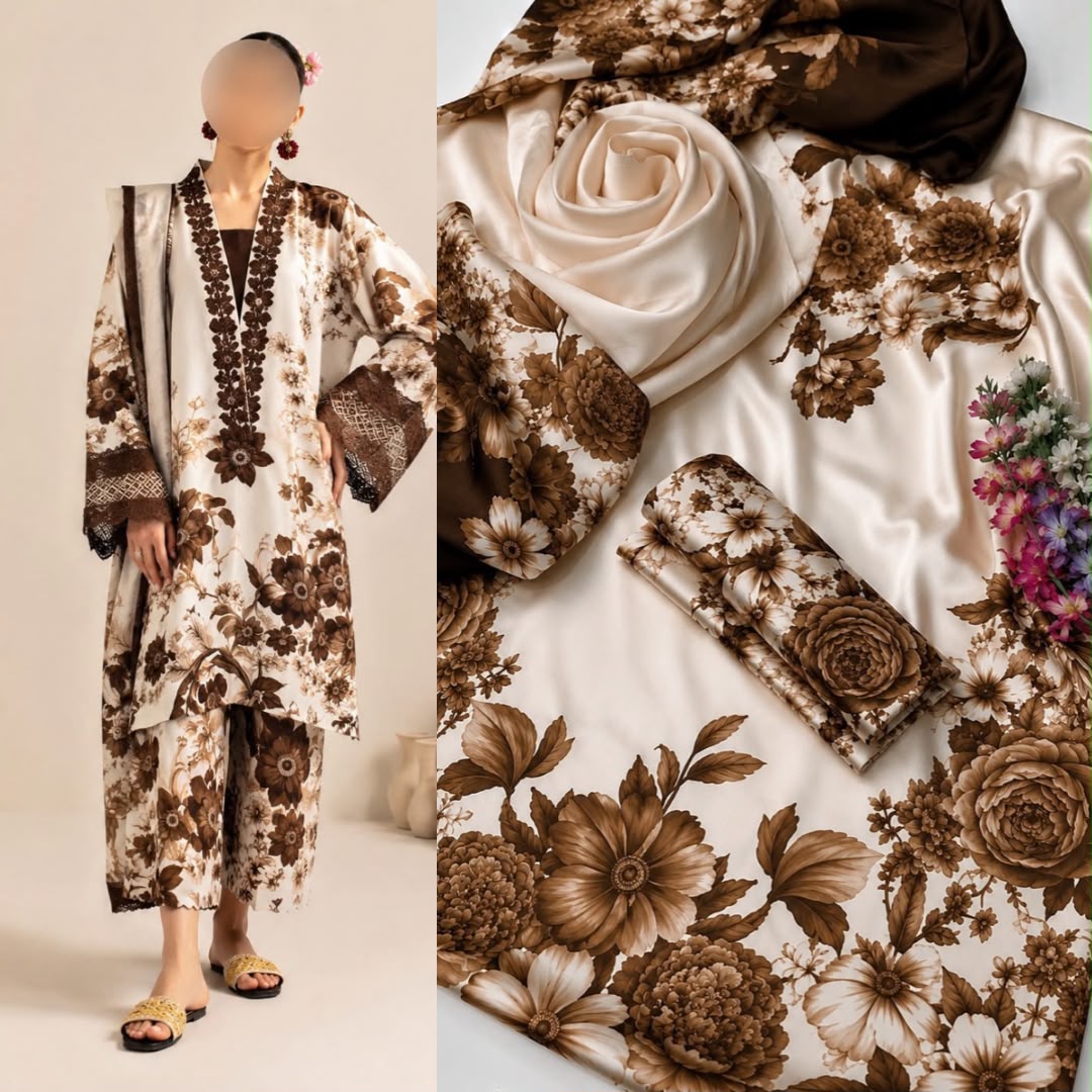 LULUSAR Digital Printed Fancy 3 Piece Shamooz Silk Suit Online Pakistan