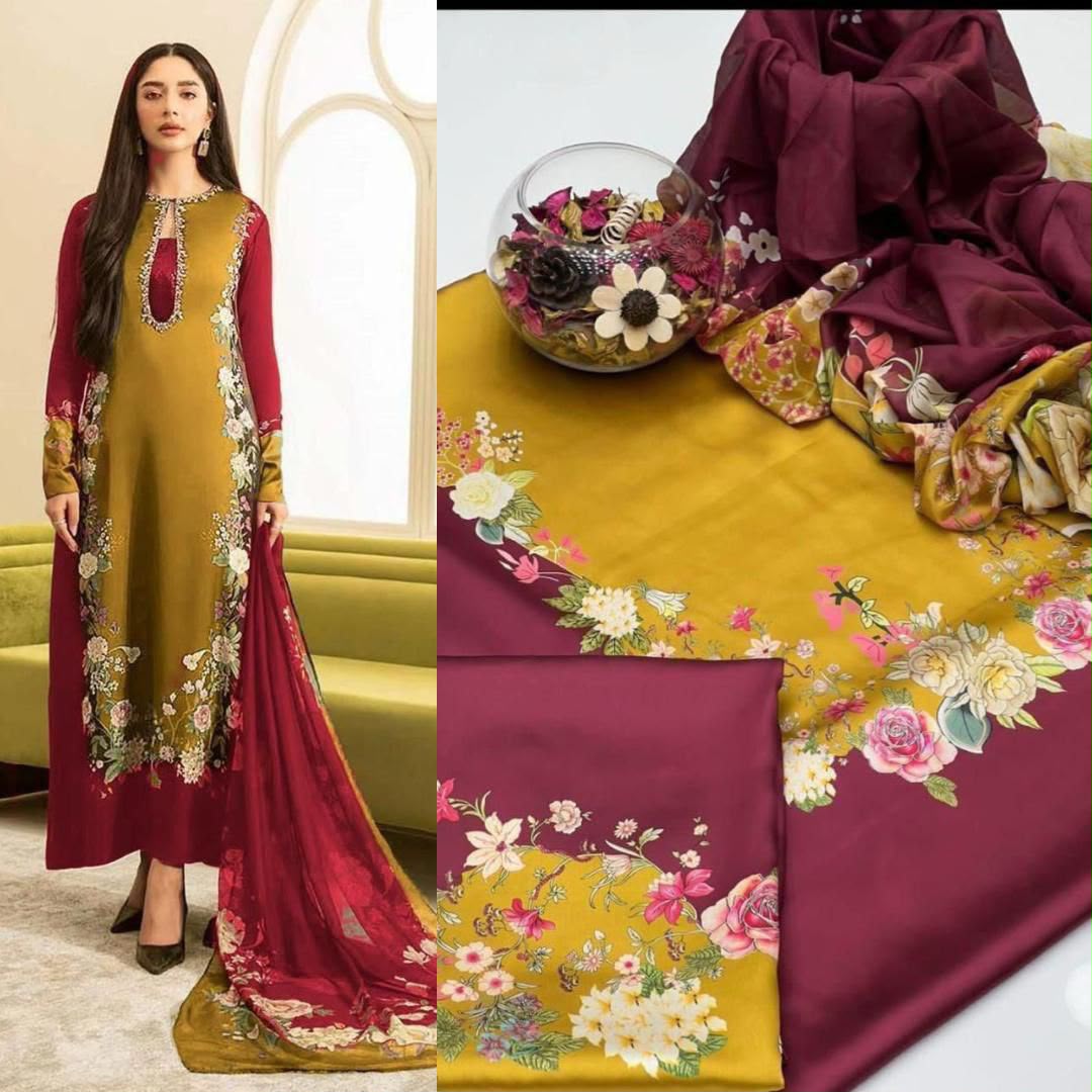 LULUSAR Digital Printed Fancy 3 Piece Shamooz Silk Suit Online Pakistan