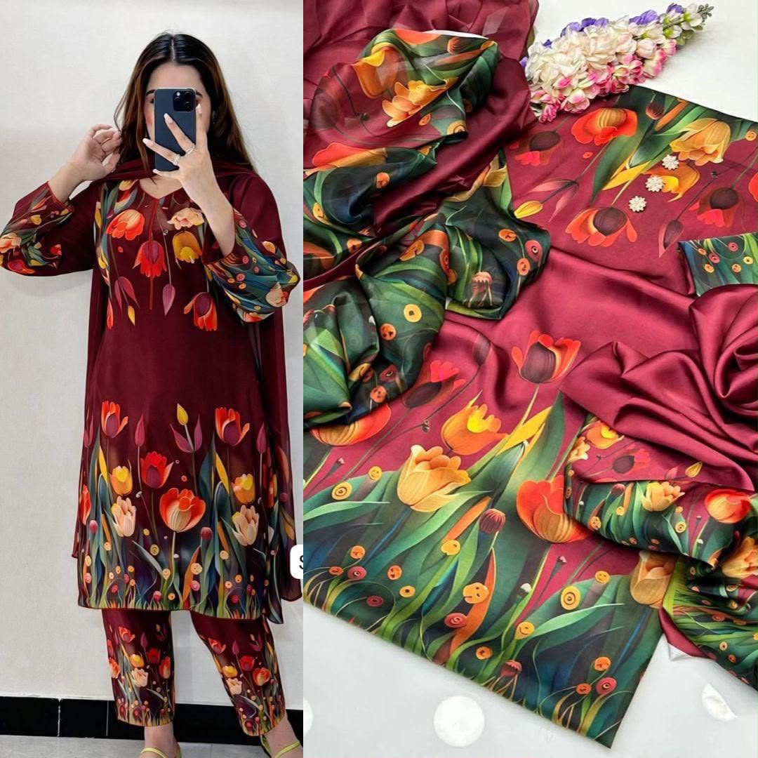 LULUSAR Digital Printed Fancy 3 Piece Shamooz Silk Suit Online Pakistan