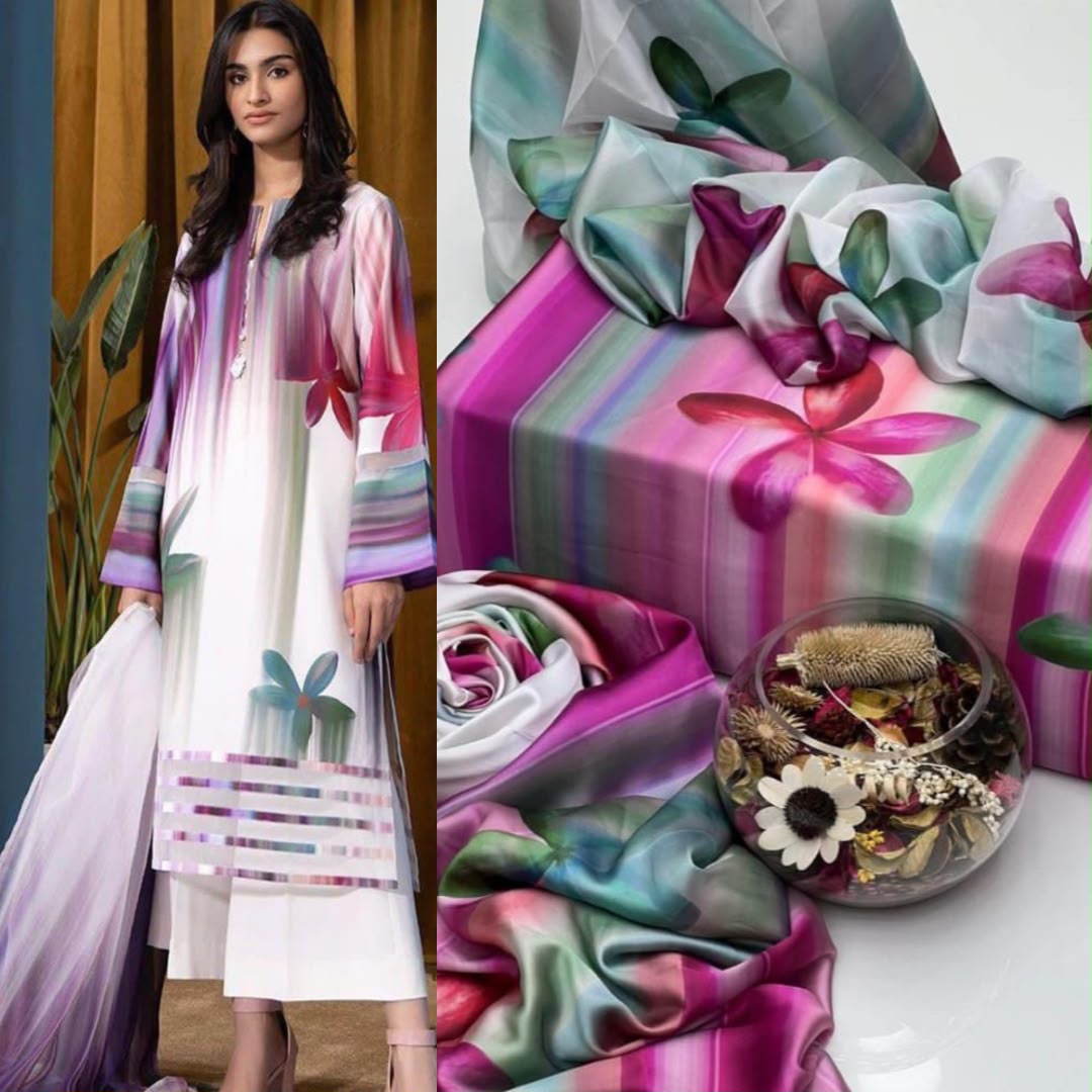 LULUSAR Digital Printed Fancy 3 Piece Shamooz Silk Suit Online Pakistan