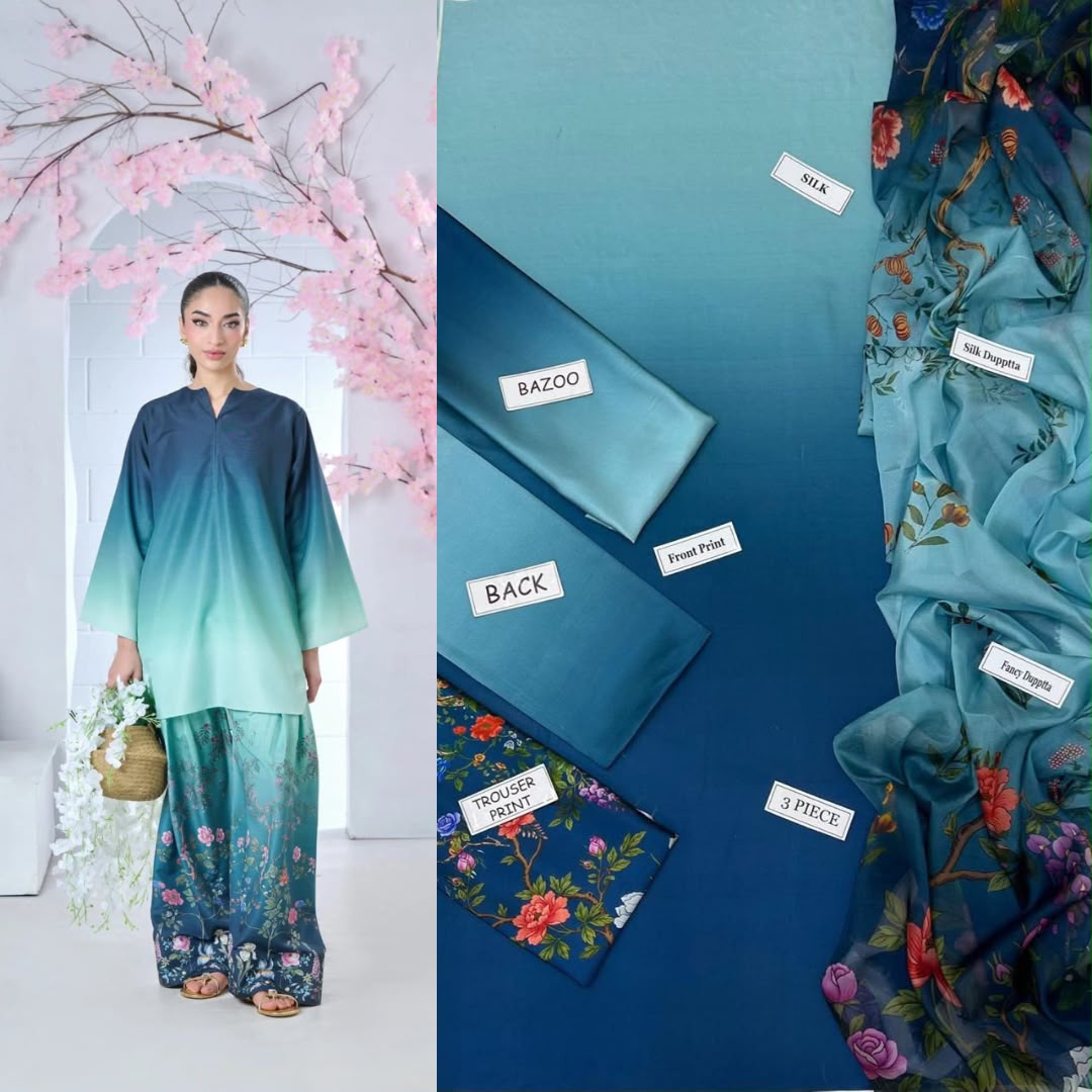 LULUSAR Digital Printed Fancy 3 Piece Shamooz Silk Suit Online Pakistan