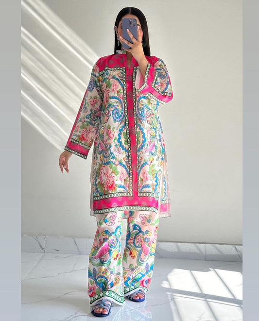 Luxury Digital Printed Shamooz Silk 3PC Suit – Unstitched Silk Dress Online Pakistan