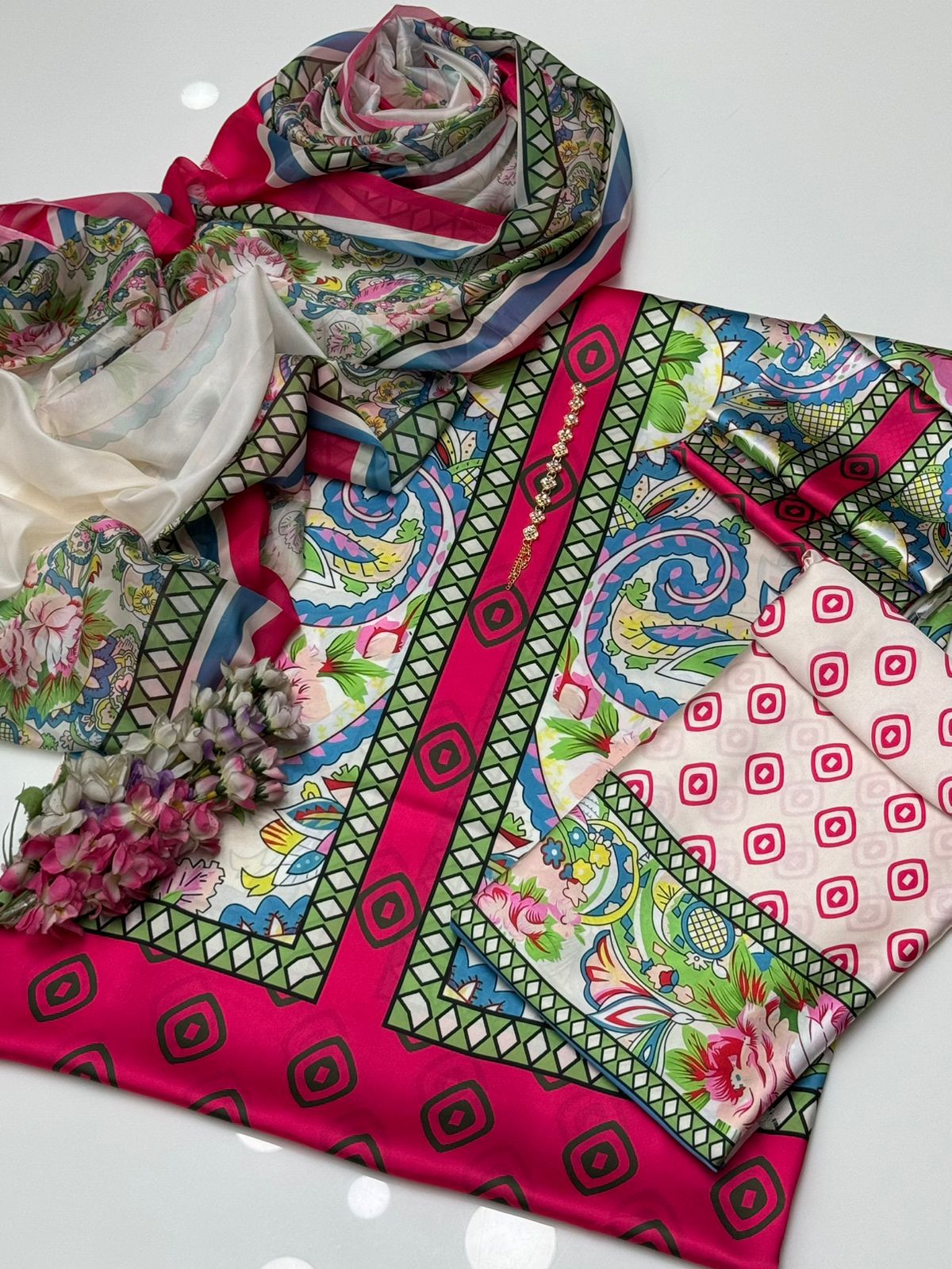 Luxury Digital Printed Shamooz Silk 3PC Suit – Unstitched Silk Dress Online Pakistan