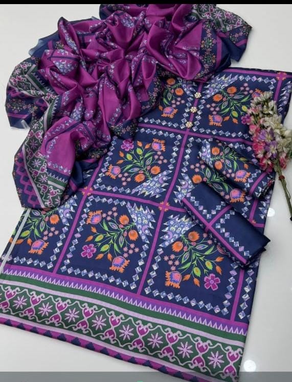 Luxury Digital Printed Shamooz Silk 3PC Suit – Unstitched Silk Dress Online Pakistan